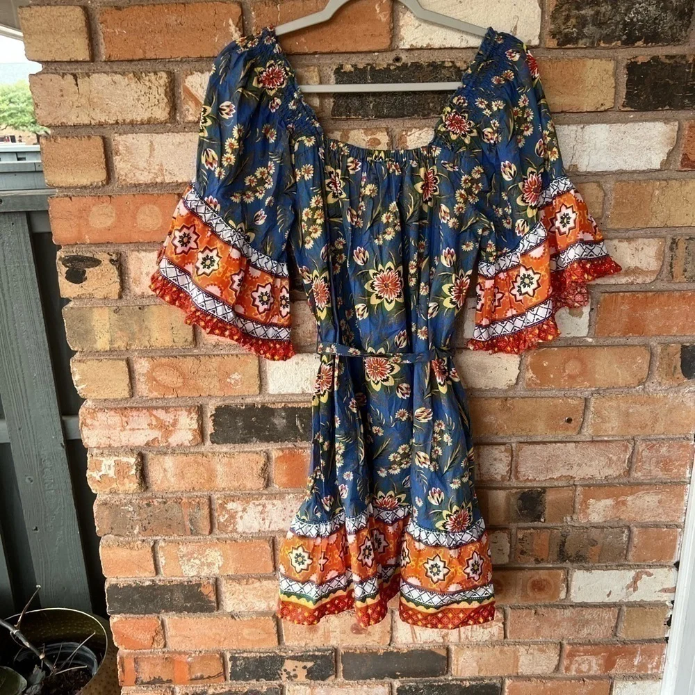 Joie Boho Blue Orange mini dress with belt